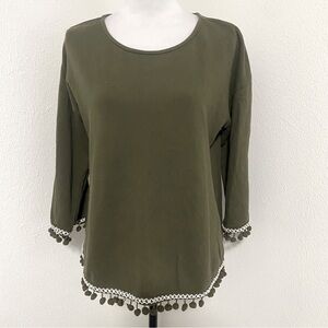 Loft Women’s Lounge Long Sleeve Pom Pom Fringe Cuffs and Bottom Medium Olive